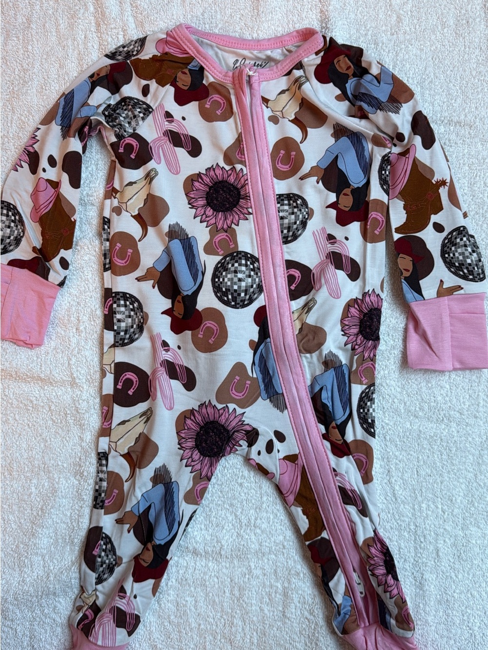 BAMBOO Pink-Trim Floral & Cowgirl Print Footed One-Piece